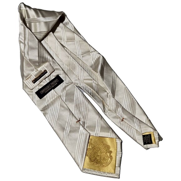 Donald Trump Striped Tie Signature Collection 100% Silk Champagne Gold White 58"